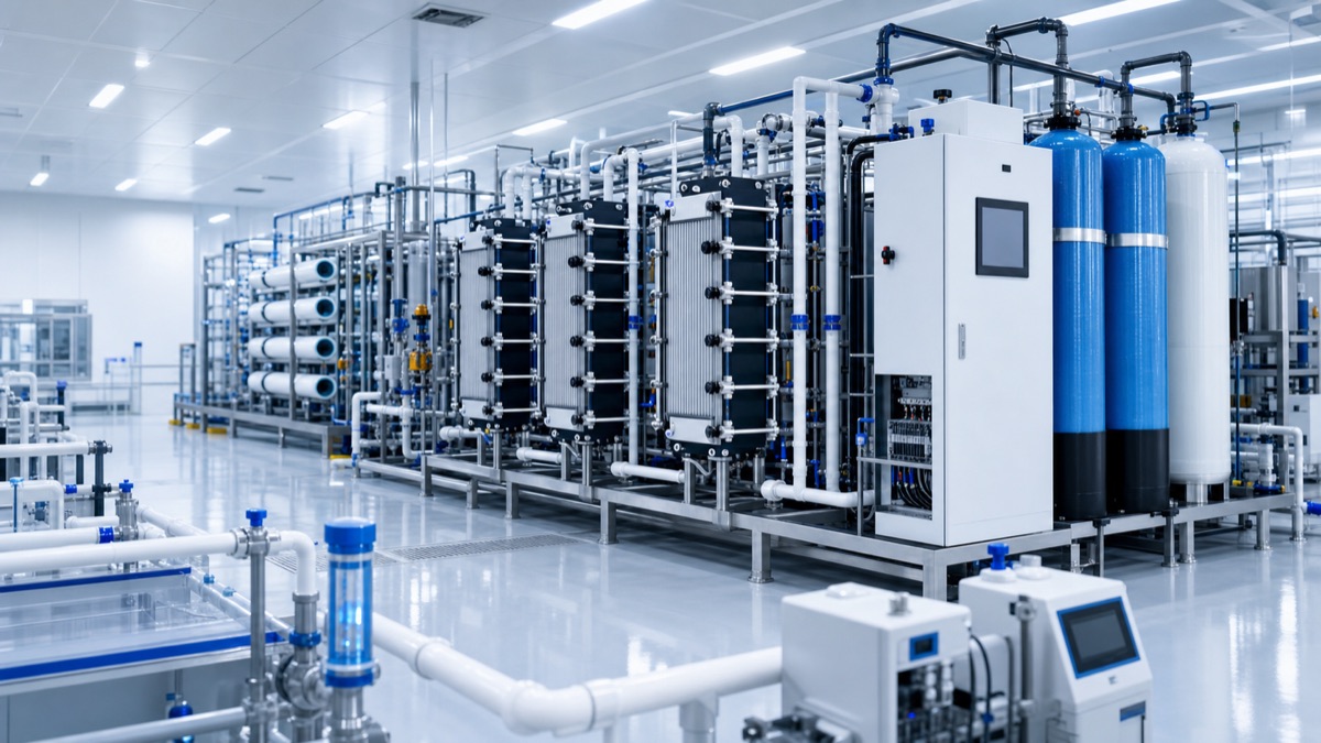Low-energy EDI ultrapure water polishing stack in a clean utility room