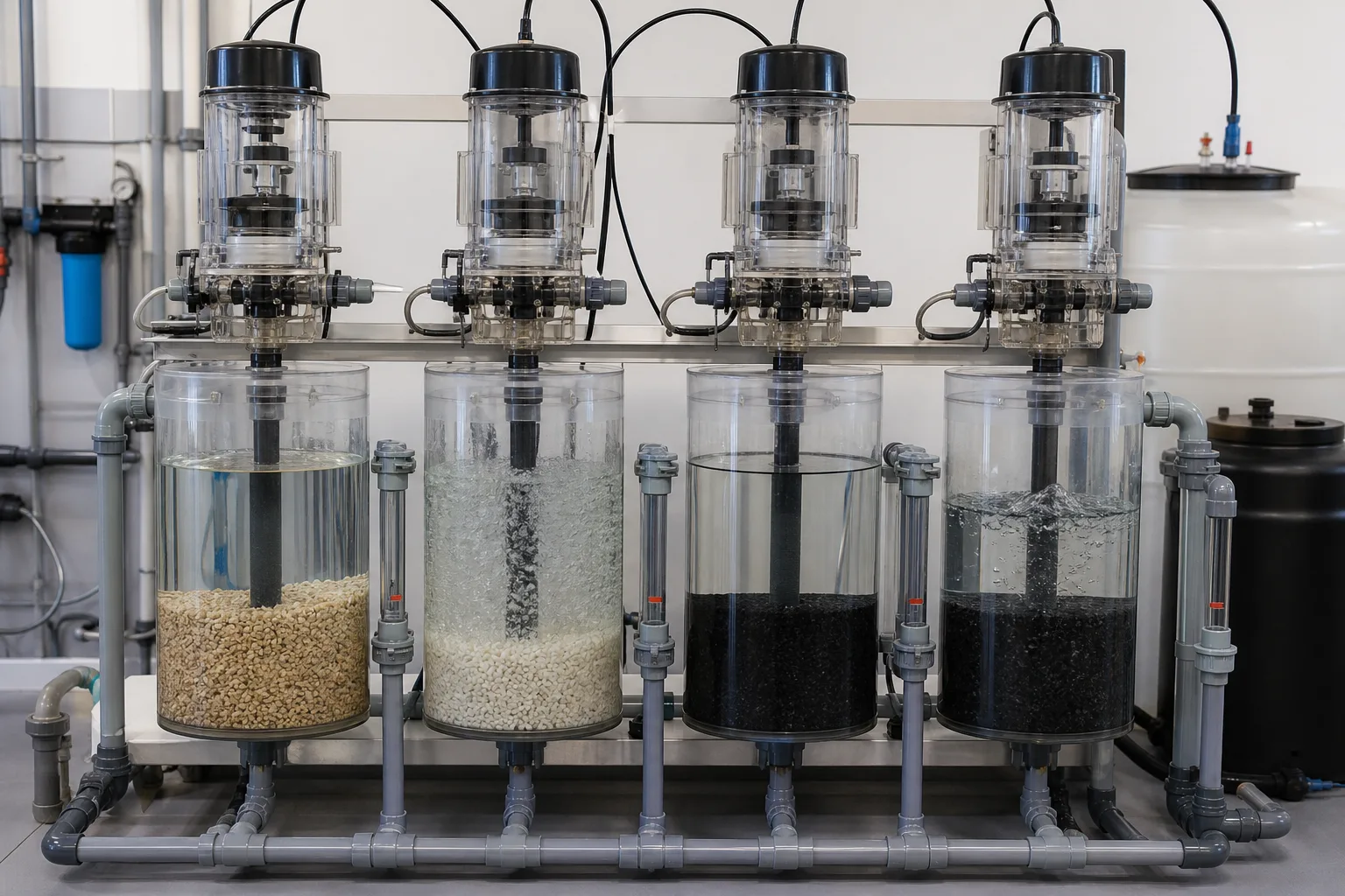Transparent stations make service, backwash, rapid rinse and optional regeneration paths visible：Service: top in / bottom out、Backwash: bottom in / top to drain、Rapid rinse: downflow to drain、Optional brine/slow-rinse path