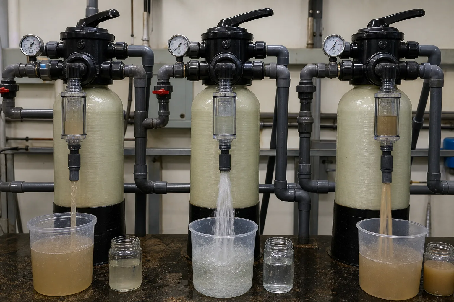 Drain flow, turbidity and bed behavior tell more than a countdown：Dirty early backwash discharge、Adequate upflow / bed agitation、Rapid-rinse residual fines、Timed drain sample / endpoint