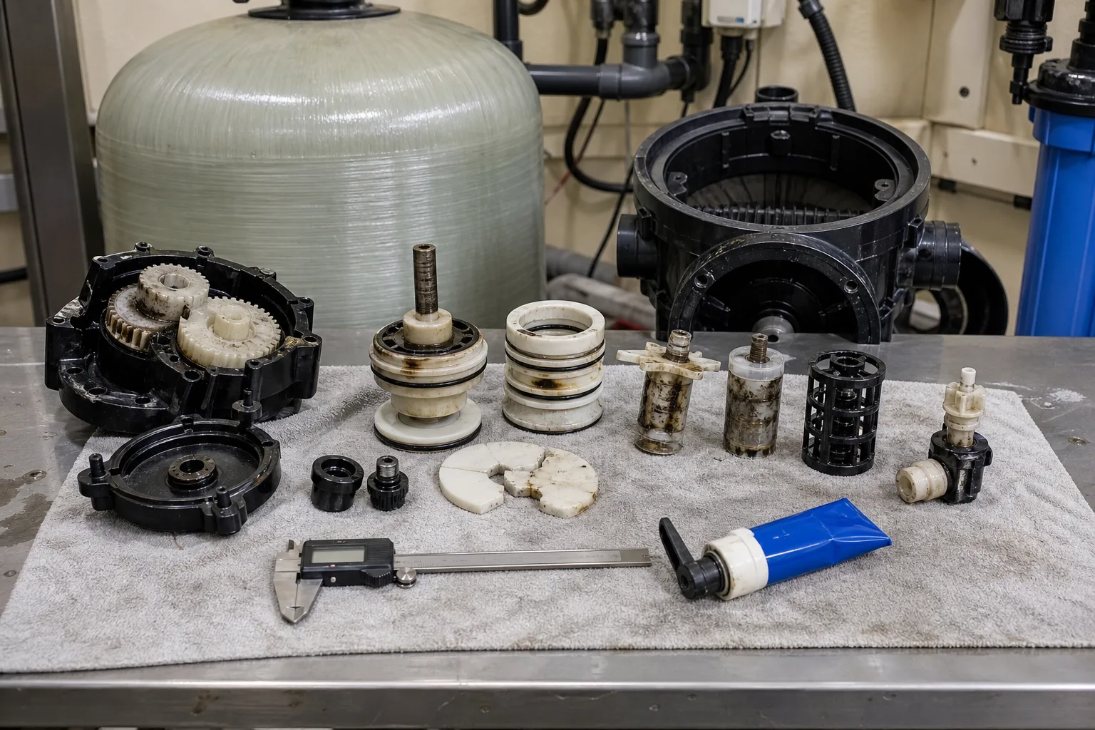 Teardown separates drive, internal leakage, chemical draw and weak-backwash faults：Drive gears and cam housing、Piston, seals and spacers、Injector / drain-flow control、Valve galleries and dimensional check