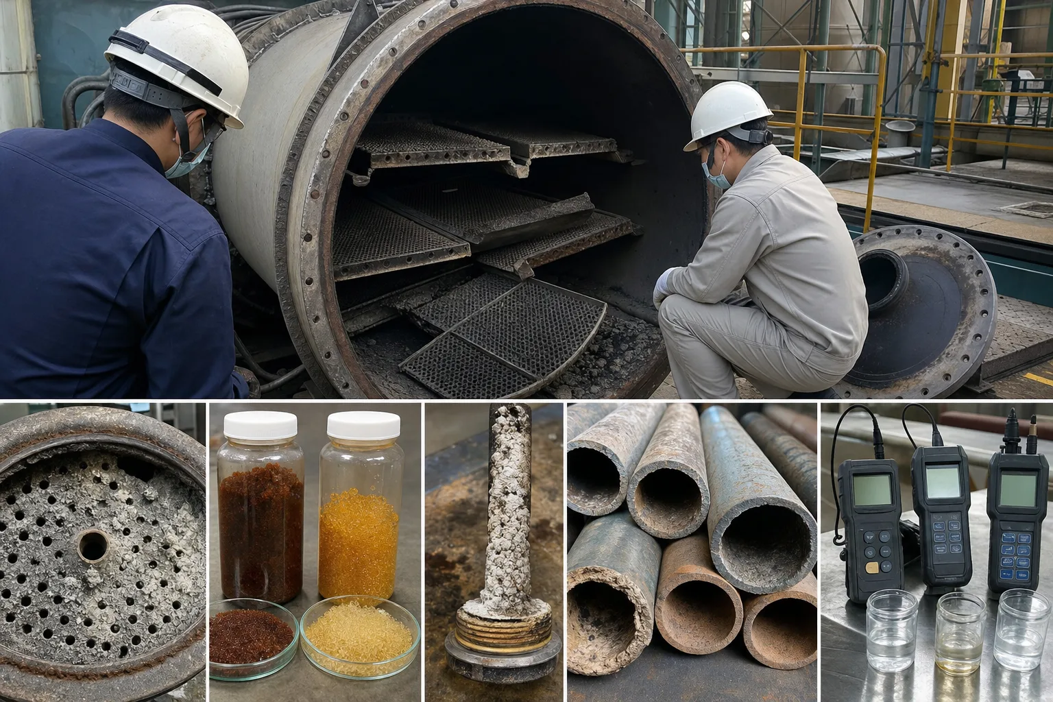 An opened deaerator brings contact internals, shell flow path and inspection evidence together：Perforated tray/distributor contact zone、Confined-space entry and internal inspection、Open manway, shell and internal flow path、Resin, deposit, tube and meter evidence