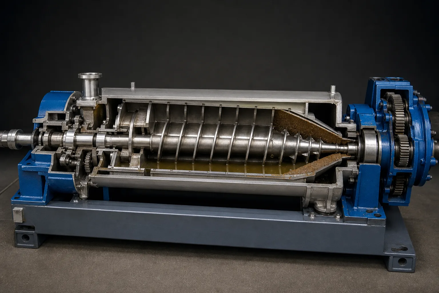 The cutaway reveals stationary feed, solid bowl, internal scroll and conical beach：Stationary feed and acceleration zone、Cylindrical bowl / concentric pond、Scroll flights and settled solids、Conical beach, bearings and differential drive