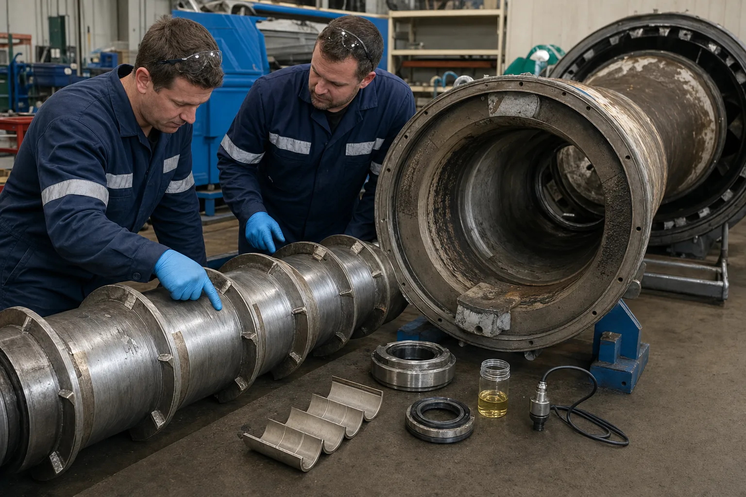 Teardown focuses on scroll wear, bowl wall, bearings/seals and condition monitoring：Scroll leading edge / wear tiles、Bowl wall and discharge wear zone、Bearings, seals and lubrication parts、Oil sample and vibration/speed sensor
