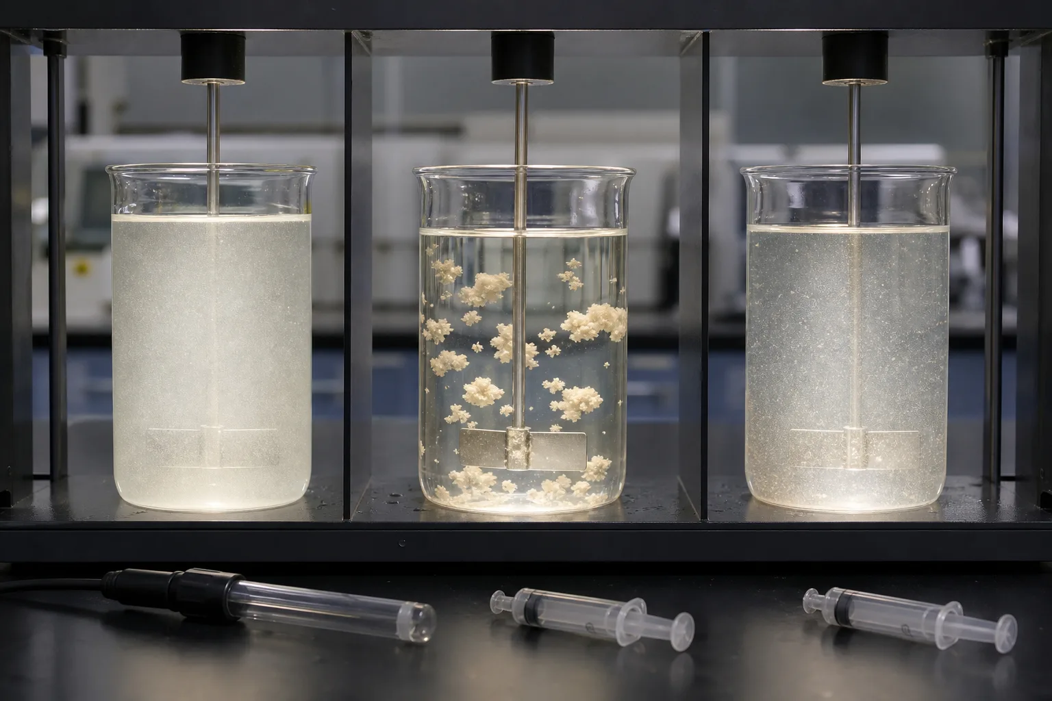 Jar testing searches for a chemical-hydraulic window, not the prettiest beaker：Low-dose candidate、Working floc window、High-dose/mismatch candidate、Identical rapid/slow mix program