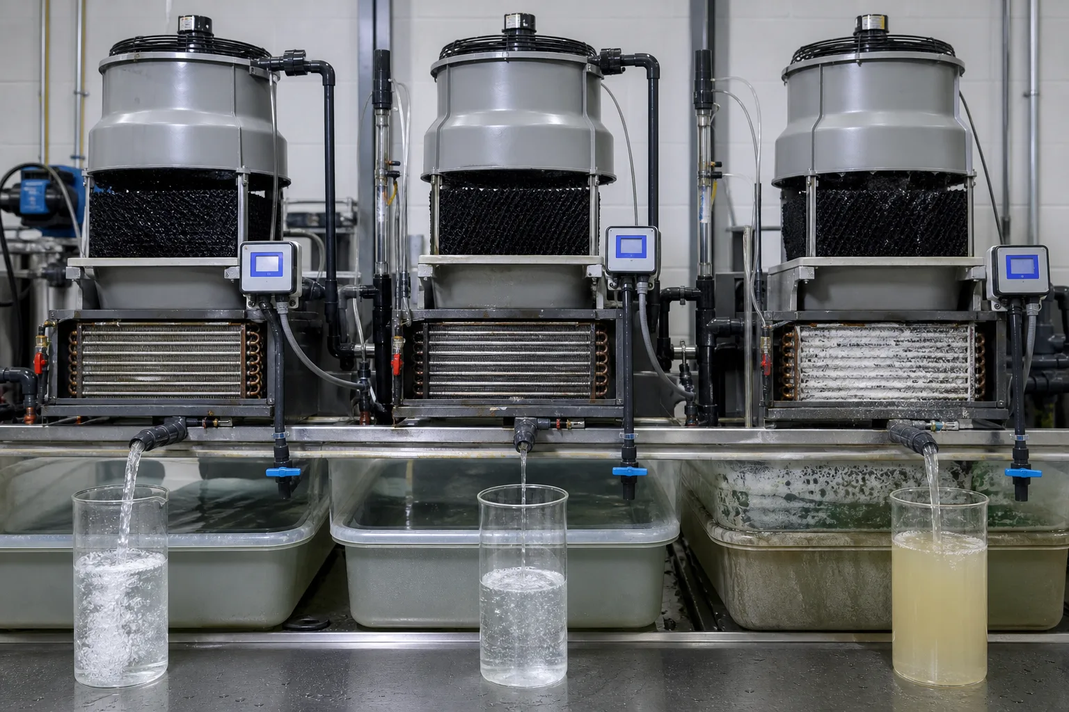 Matched-load tests show that lower blowdown saves water until chemistry turns concentration into scale：Lower CoC: more blowdown, lower salts、Optimized CoC: water-risk balance、Excess/uncontrolled CoC: coil scale、Matched outlet and deposit evidence