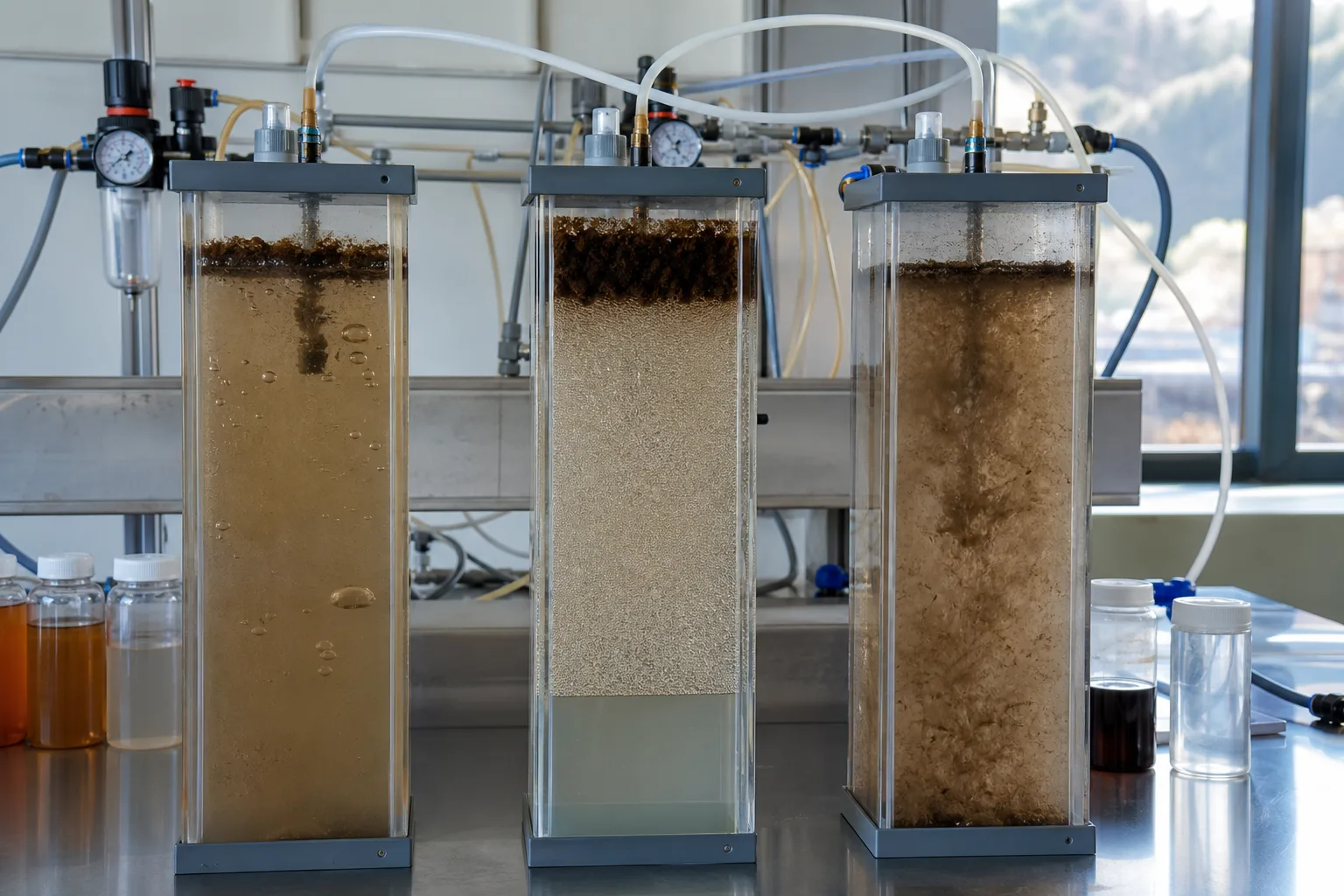 Side-by-side tests separate low air, a useful whitewater window and bubble–floc mismatch：Low air/slow flotation、Fine whitewater/stable float、Overload or bubble–floc mismatch、Three same-feed candidates