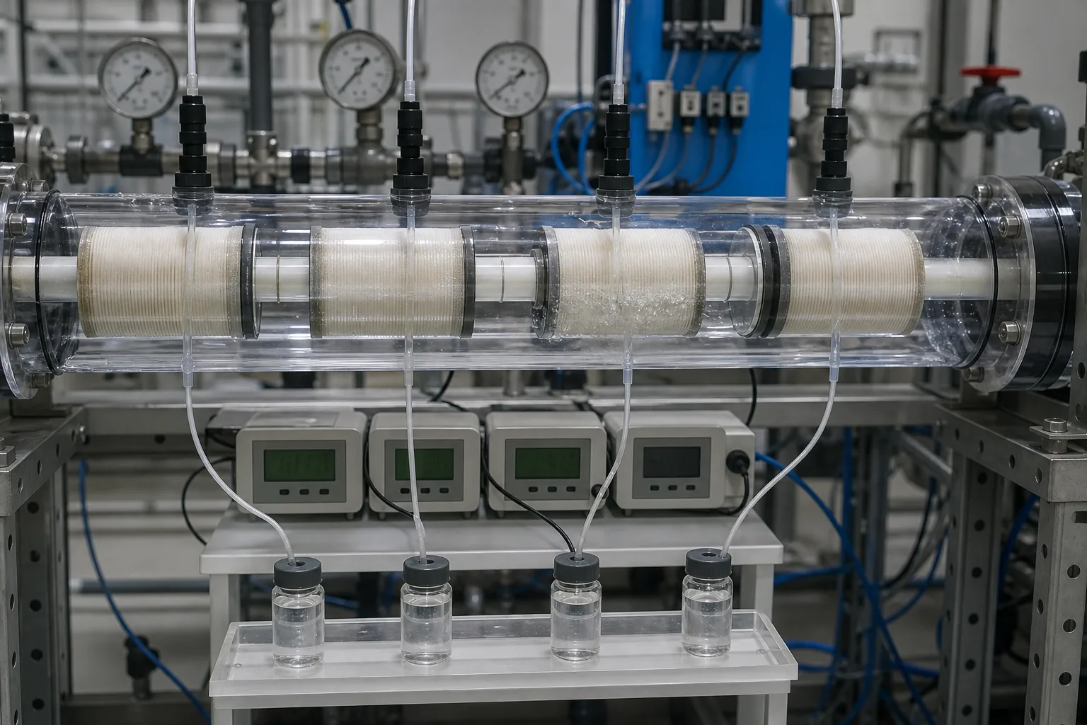Bình bốn phần tử trong suốt định vị bước nhảy dọc ống permeate：Điểm lấy permeate từng phần tử、Giao diện connector/O-ring、Độ dẫn điểm cùng điều kiện、Bốn mẫu và biên bước nhảy
