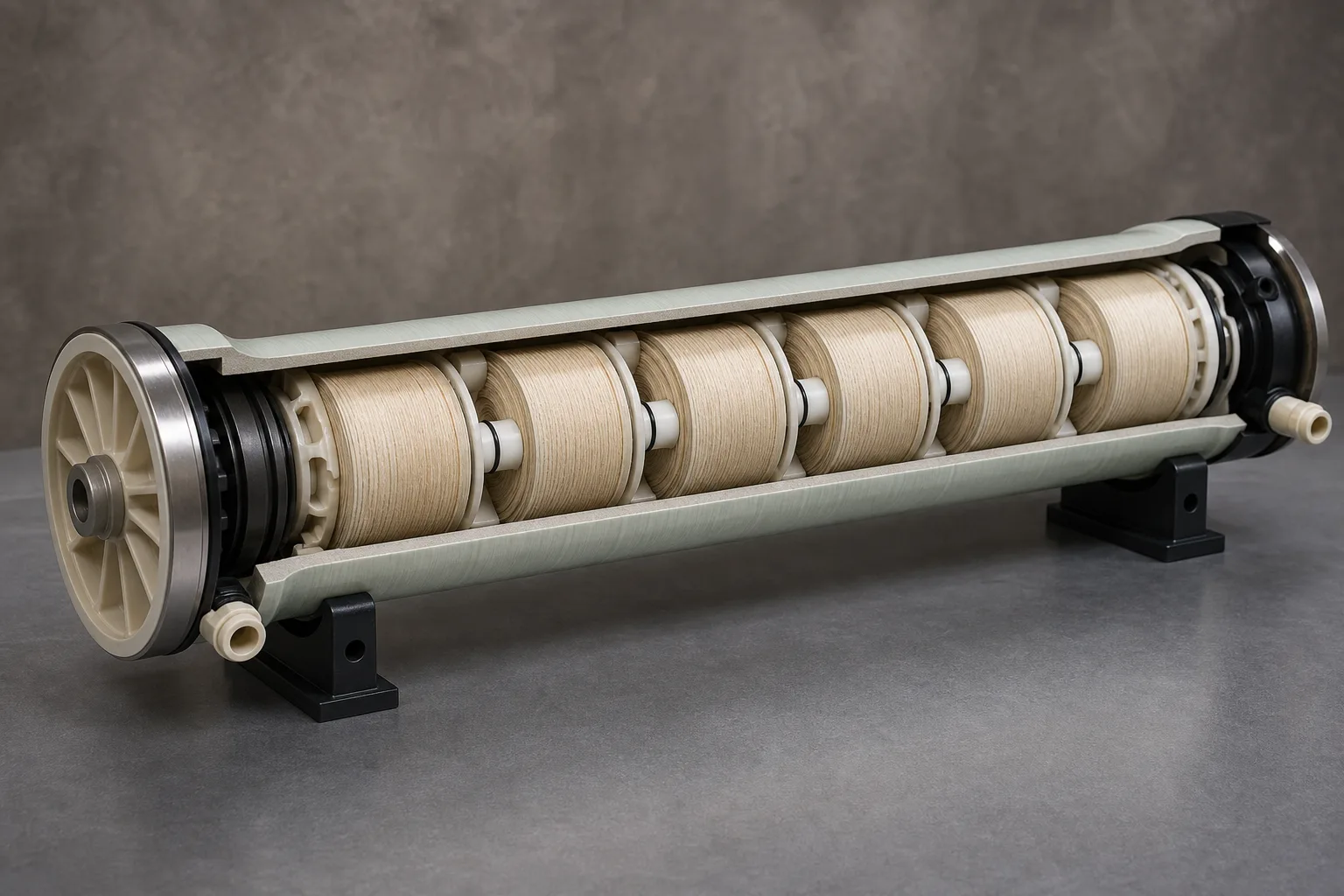 Mặt cắt đặt element nối tiếp, interconnector và hai nắp trong một biên áp：Ống trụ chịu áp FRP、Dãy element cuộn xoắn nối tiếp、Interconnector và O-ring permeate、Nắp, cổng và đầu thrust