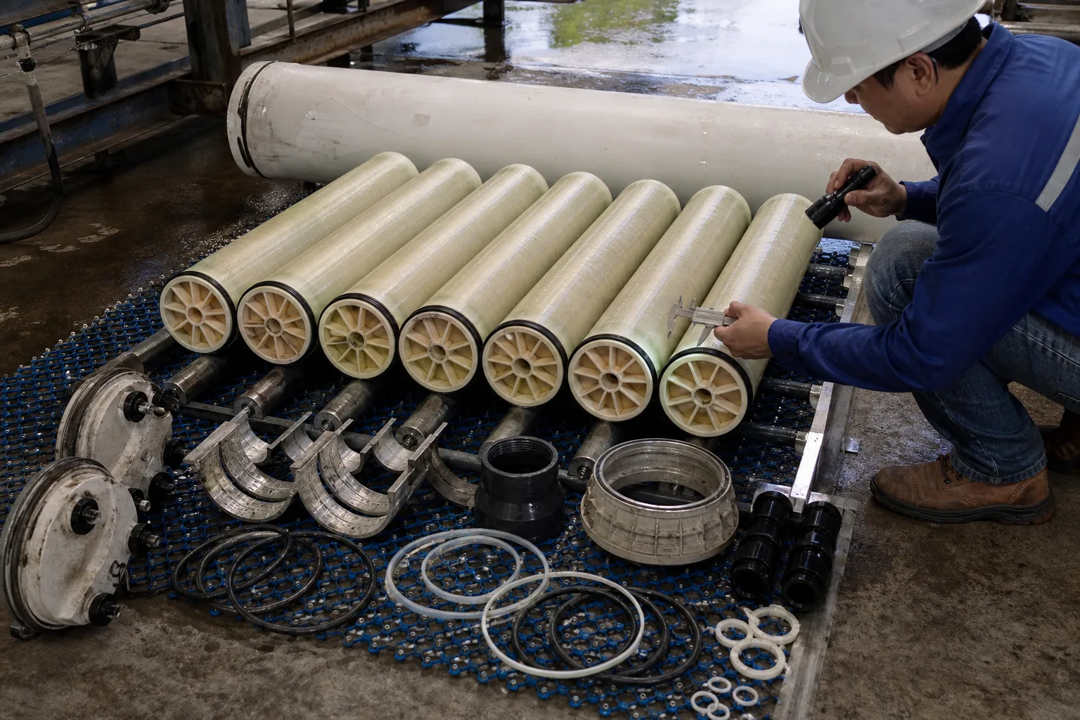 Tháo có thứ tự cho thấy đủ nắp, connector và gioăng：Dãy element đánh số vị trí、Head và vòng chặn phân đoạn、Connector và end adapter permeate、O-ring, phớt brine và shim