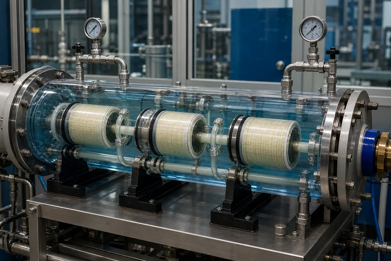 Bình trong suốt tách đường feed ngoài, permeate ống tâm và piping đầu：Đường feed-concentrate phía vỏ、Element cuộn và phớt brine、Ống tâm và interconnector permeate、Điểm áp, mẫu và piping đầu