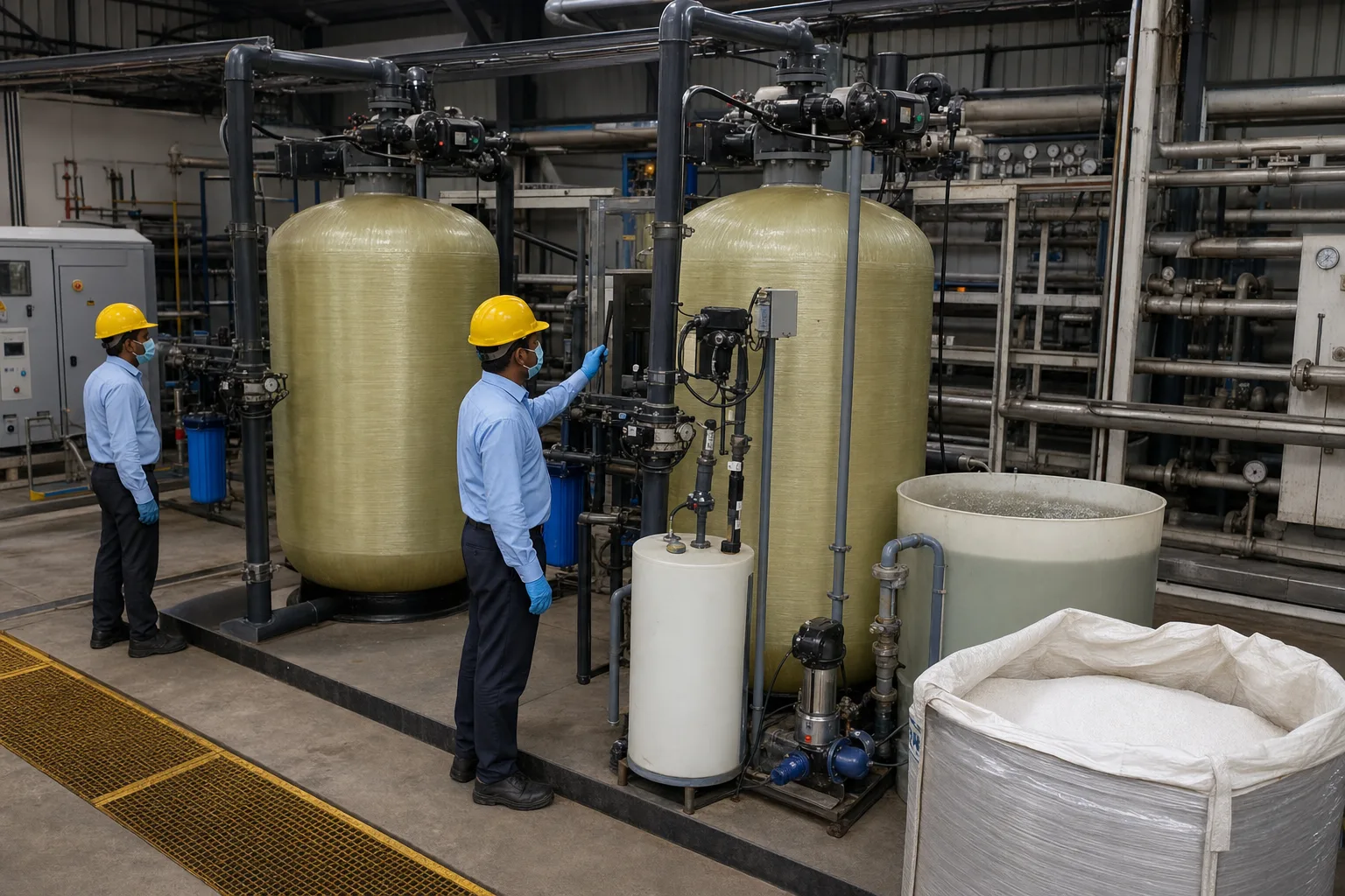 How does ion-exchange resin soften water and regenerate?
