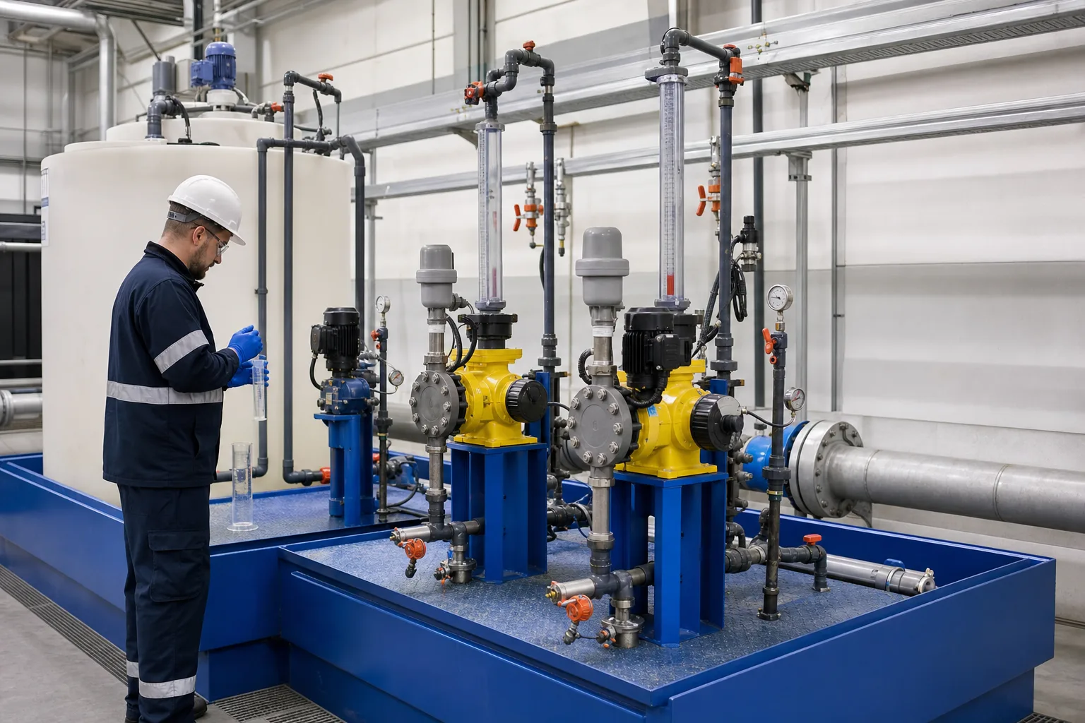 How does a metering pump dose chemicals precisely?