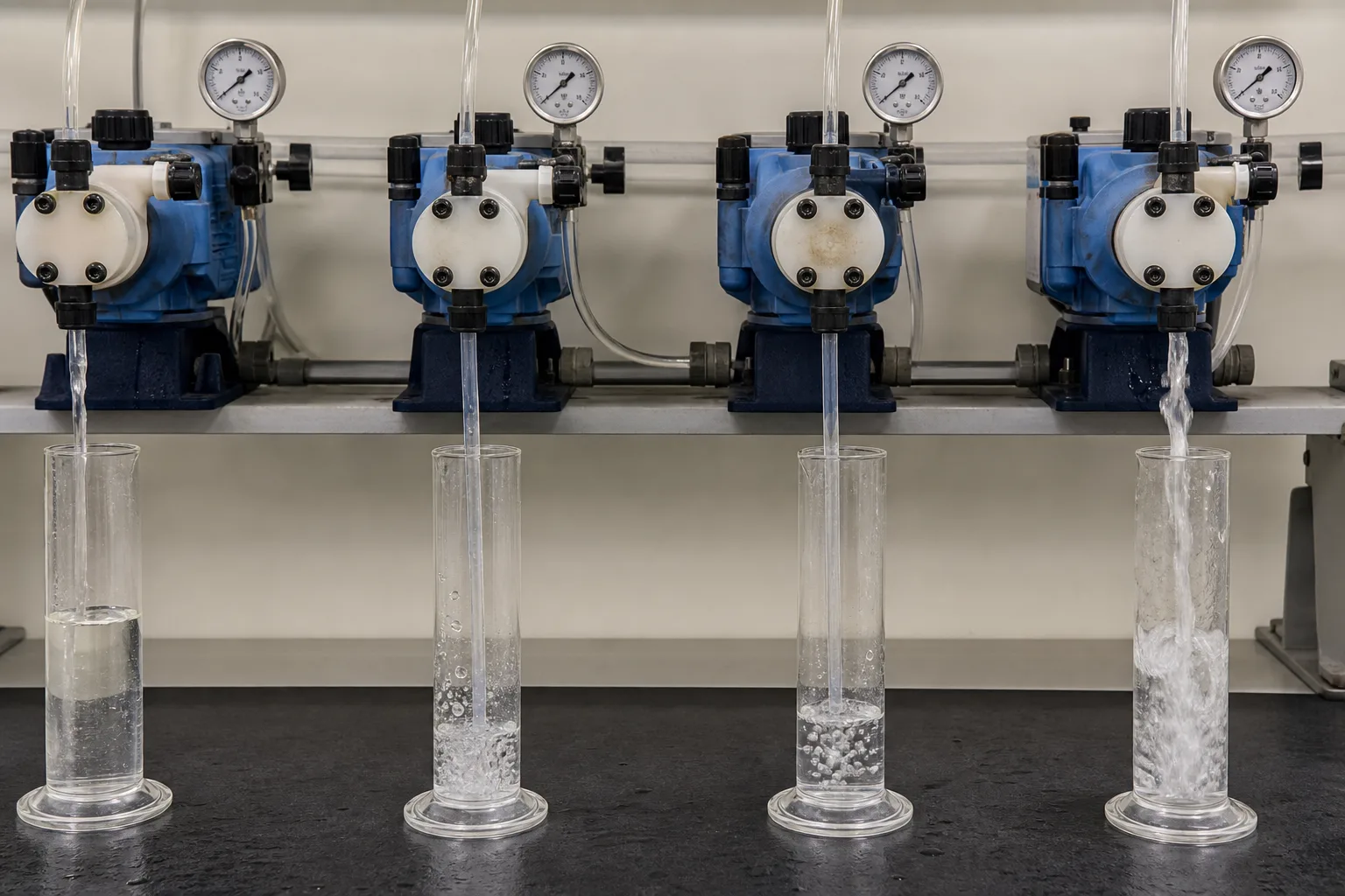 Calibration comparison shows how prime, gas, valves and backpressure change flow at the same setting：Fully primed repeatable delivery、Gas/off-gassing intermittent flow、Lost prime or check leakage、Low backpressure / siphon overfeed