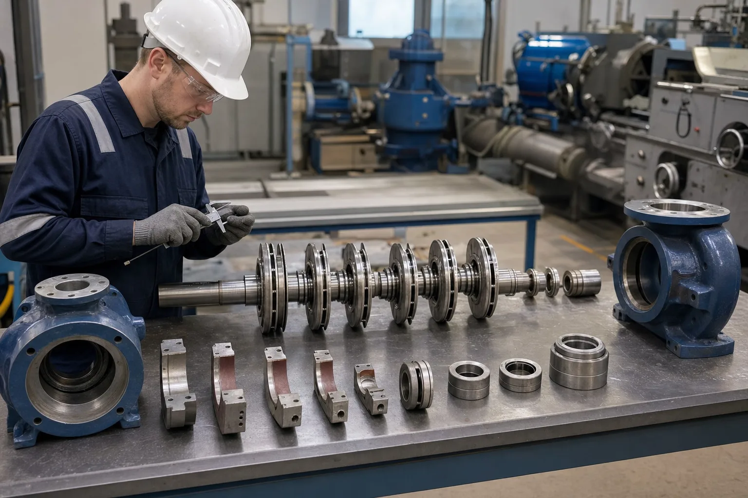 The teardown shows why high head depends on alignment, interstage clearances, thrust, and seals：Shaft and stacked impeller rotor、Segmental casing/diffuser-return pieces、Wear rings, sleeves, seals, bearings、Suction- and discharge-end pressure casings