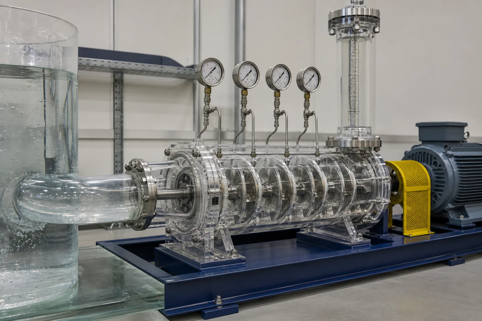 A transparent test pump shows total head rising across successive stage taps：Reservoir, suction bend, first-stage inlet、Transparent impeller-diffuser stages、Interstage pressure taps and gauges、Discharge flowmeter, coupling, motor