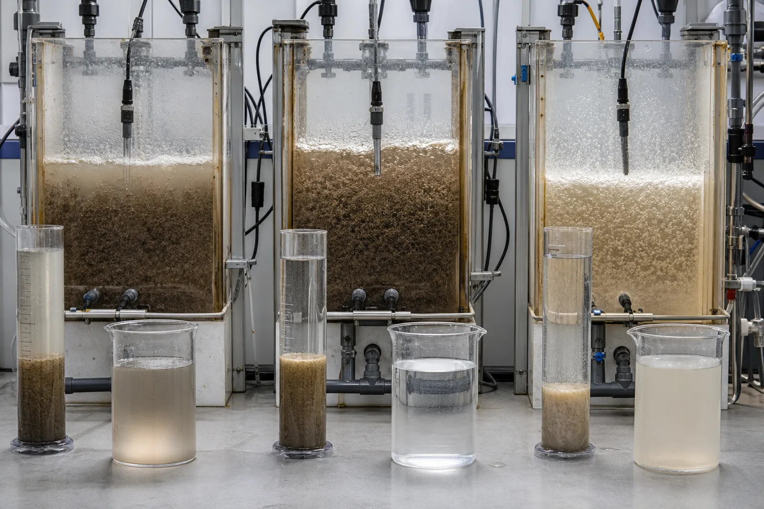 The same equipment can give complete, partial or failed nitrification：Stable complete nitrification、Nitrite accumulation、Low-SRT or inhibited reactor、Settling samples and supernatant