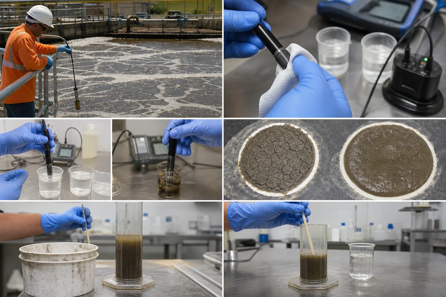 Final QA checks probe condition, laboratory repeatability and settling-method consistency：Probe location, fouling and flow、Cleaning, standard and reference meter、MLSS filter drying/weighing/sample、SV30 cylinder, mixing, timer/interface