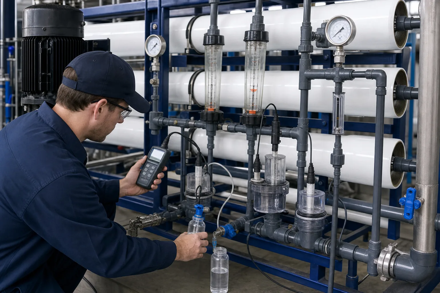 Đồng hồ, rotameter và cell độ dẫn đo lực, lượng và ion cùng lúc：Áp vào/ra cấp màng、Rotameter permeate/concentrate、Cell độ dẫn và nhiệt độ、Máy cầm tay và mẫu cùng điểm
