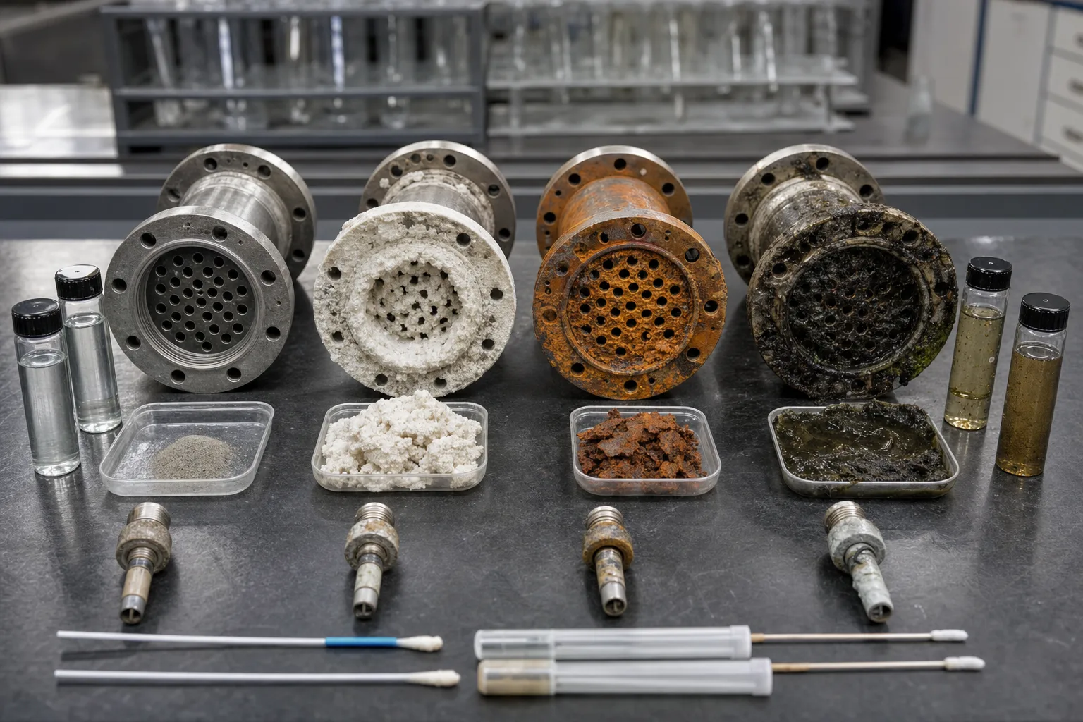 Four removed exchangers and deposits show that appearance is only first-line evidence：Clean baseline and original metal、White hard scale and crystals、Corroded tubesheet and rust、Dark slime/composite fouling