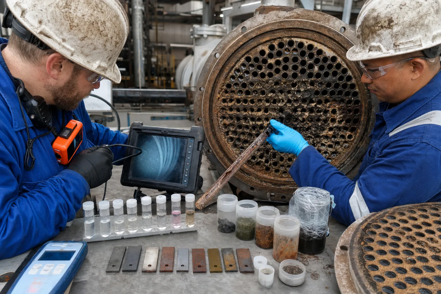 An inspection combines borescope distribution, tube mapping, layered deposits and corrosion specimens：Borescope tube distribution、Tube-numbered layered deposit samples、Coupons, probes and substrate specimens、Plugging, pit and wall-thickness map