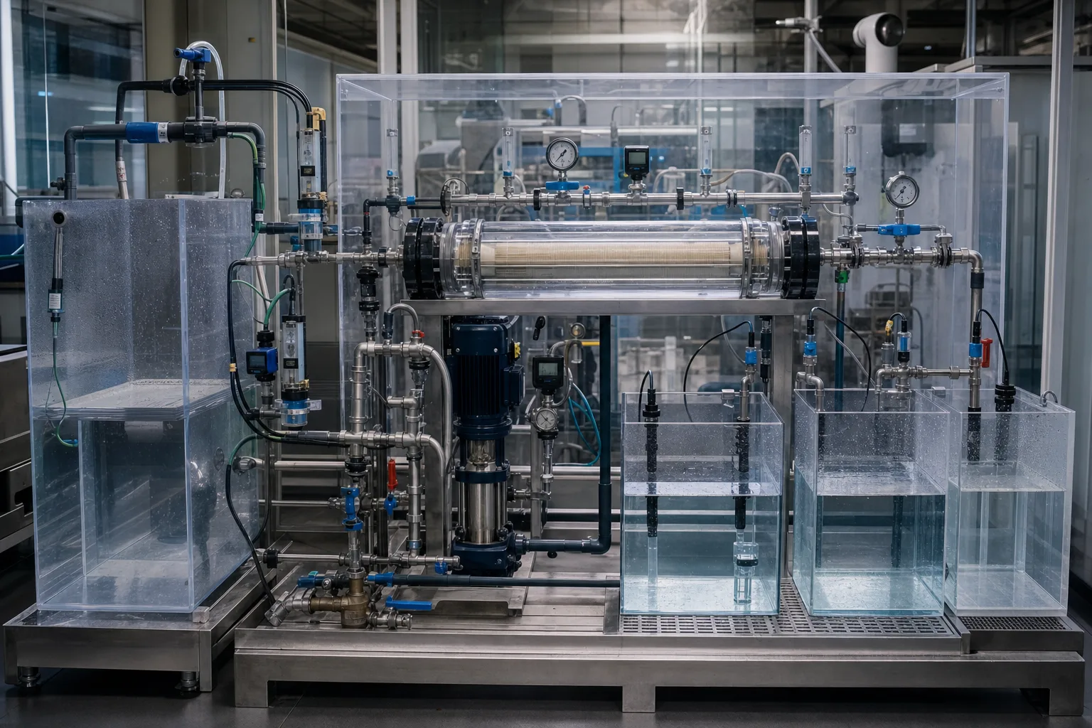 A transparent continuous pilot synchronizes Qf, Qp, Qc and three quality points：Feed tank Qf/Cf、Membrane and operating pressure、Permeate Qp/Cp、Concentrate Qc/Cc
