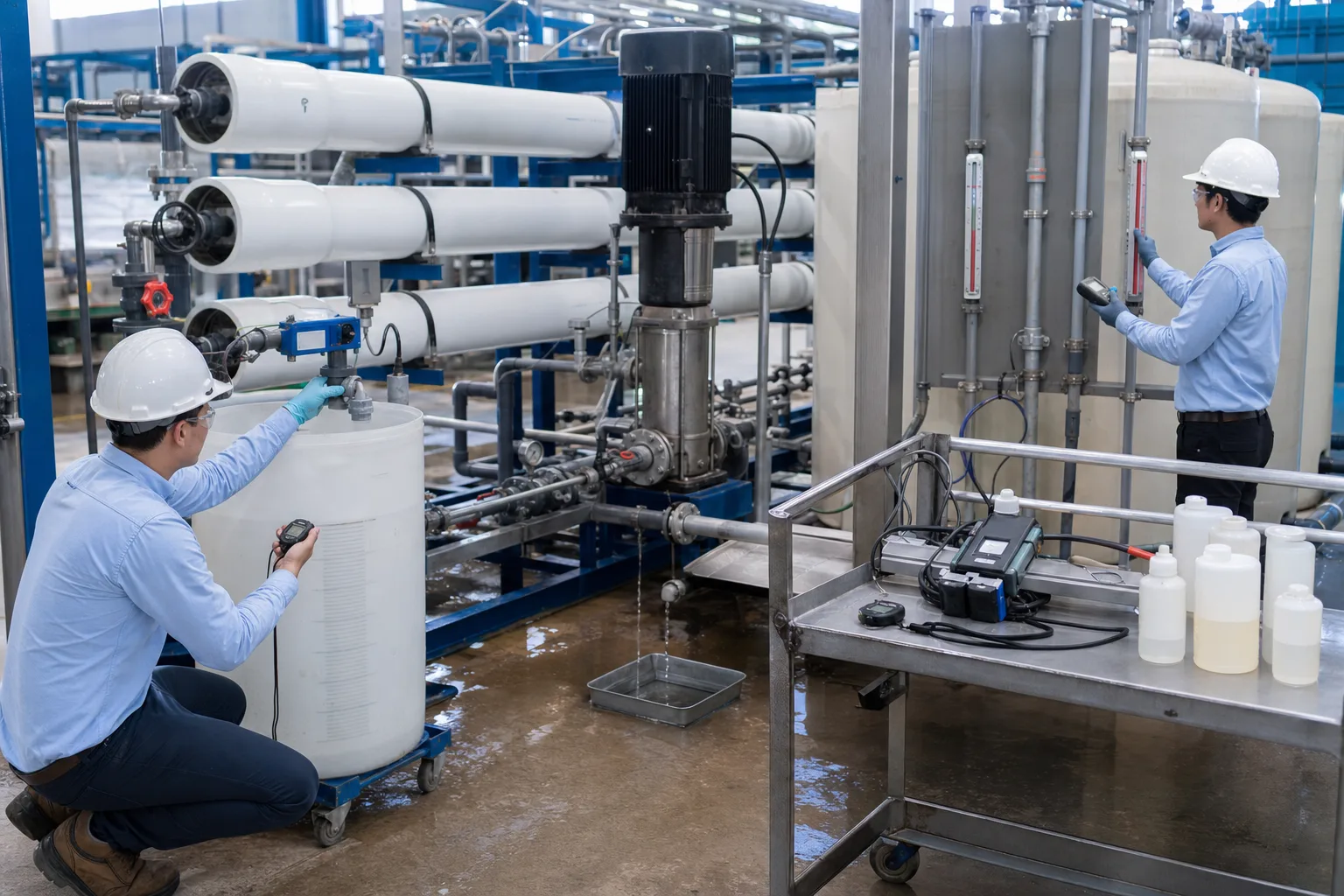 Field reconciliation checks meters, levels, drains and samples together：Feed/permeate/concentrate meters、Tank level-volume change、Leak, flush and drain loss、Three samples and compensated quality